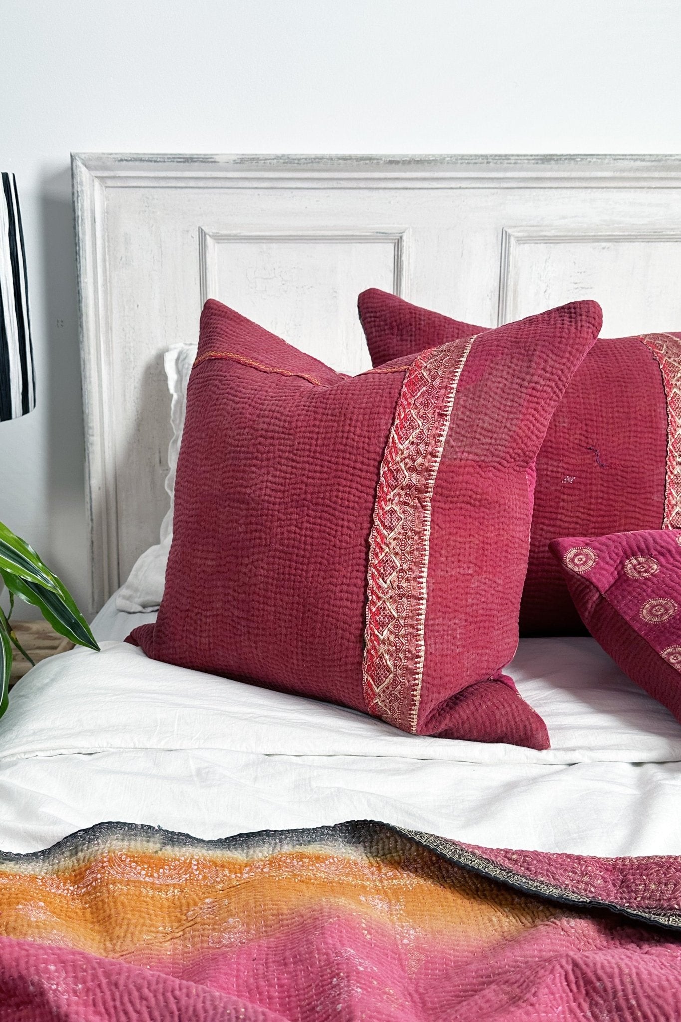 One - Off Deep Pink Square Vintage Kantha Cushion 50cm - Biggs & Hill