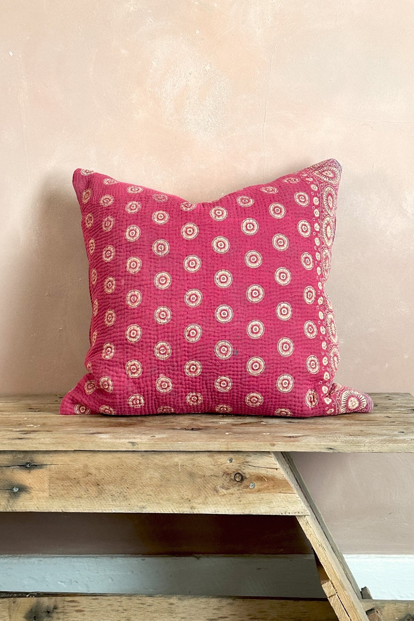 One - Off Deep Pink Square Vintage Kantha Cushion 50cm - Biggs & Hill