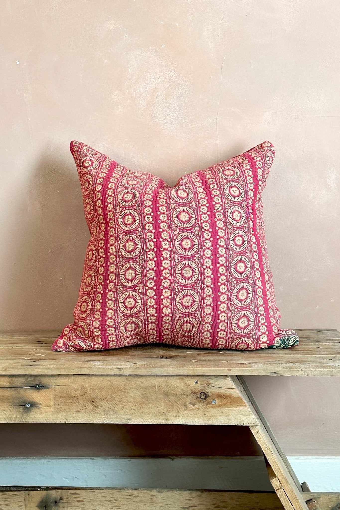 One - Off Deep Pink Square Vintage Kantha Cushion 50cm - Biggs & Hill