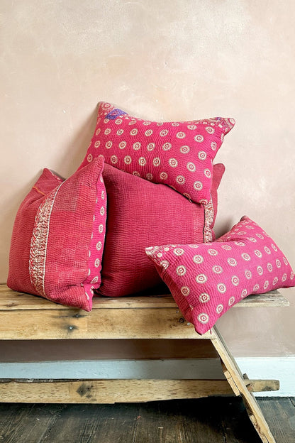 One - Off Deep Pink Square Vintage Kantha Cushion 50cm - Biggs & Hill