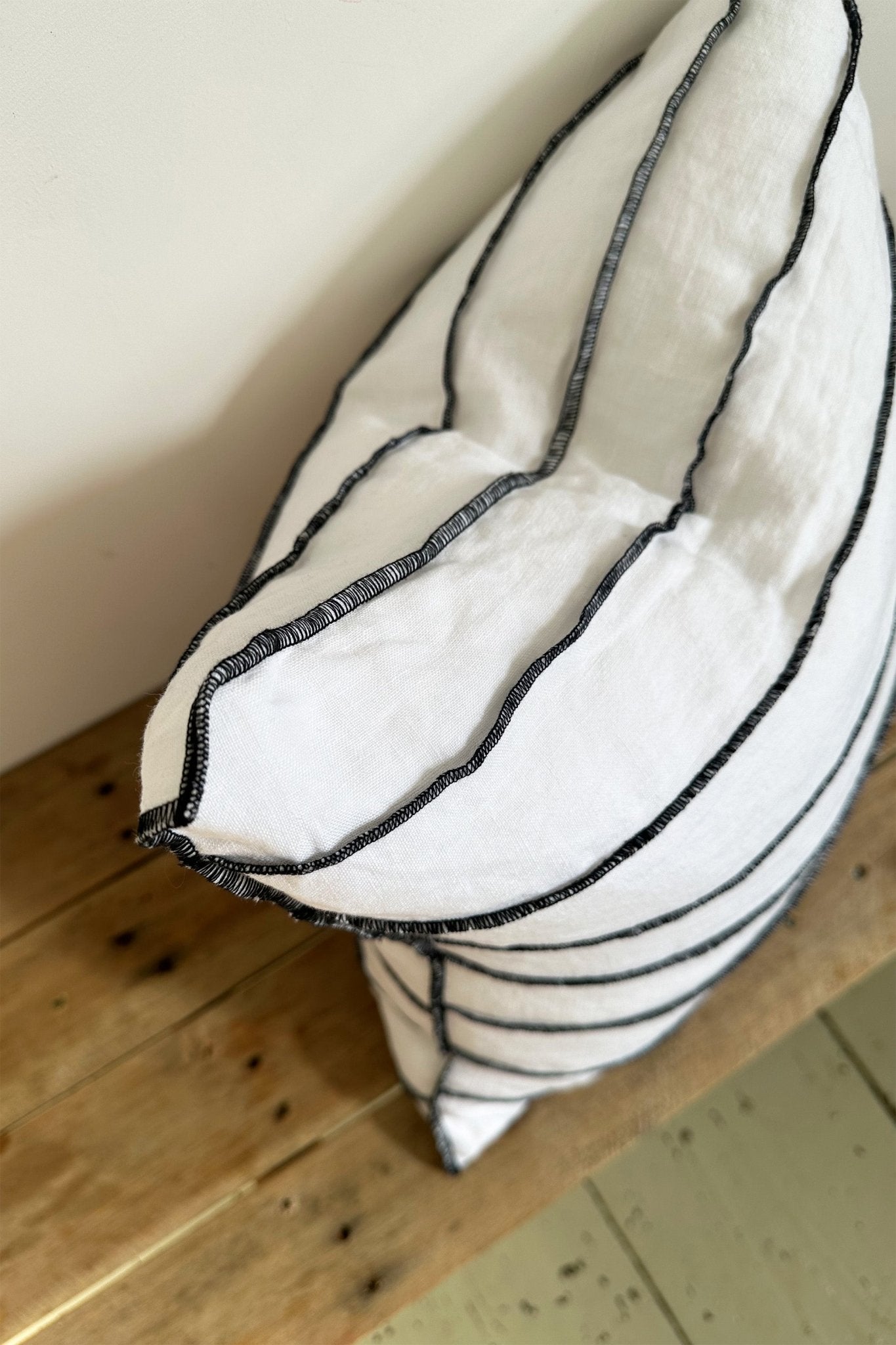 White Linen Striped Cushion, Square With Black Stripes - Biggs & Hill