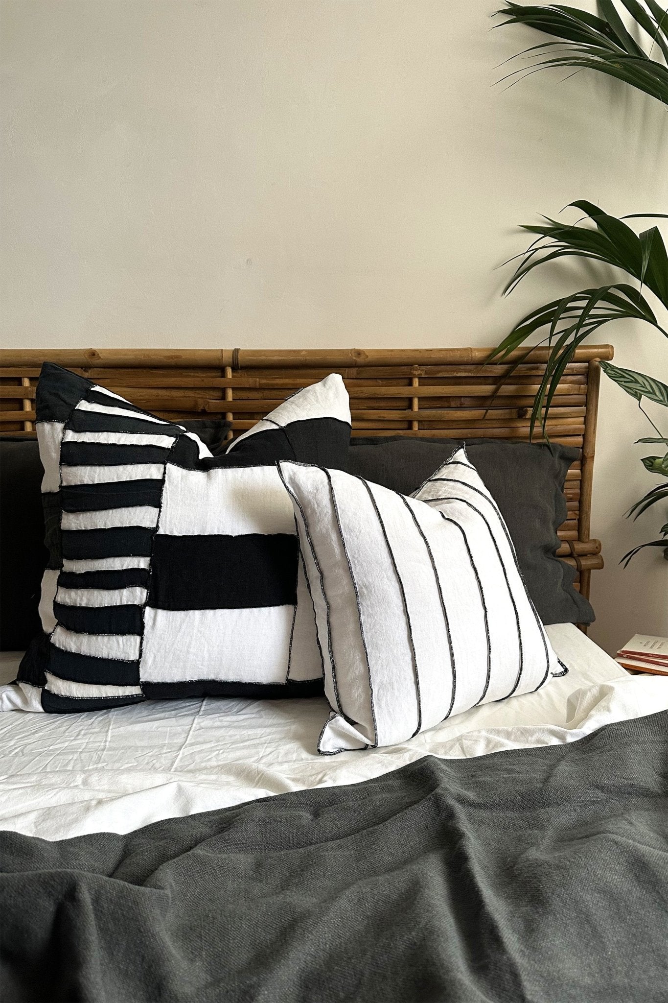 Black and White Stripe Abstract Tribal Linen Cushion - Biggs & Hill