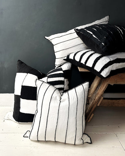 White Linen Striped Cushion, Square With Black Stripes - Biggs & Hill