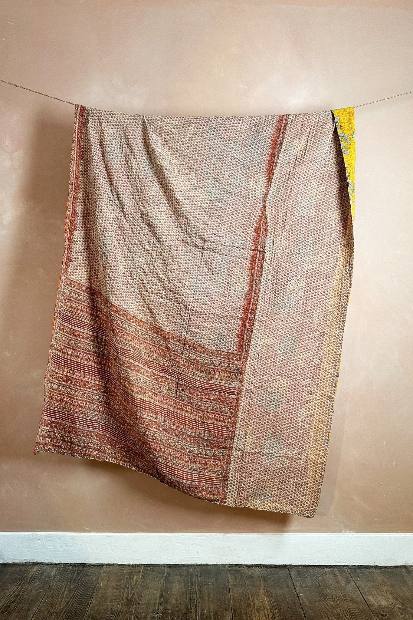 Large Vintage Kantha Quilt In Yellow and Beige - Biggs & Hill