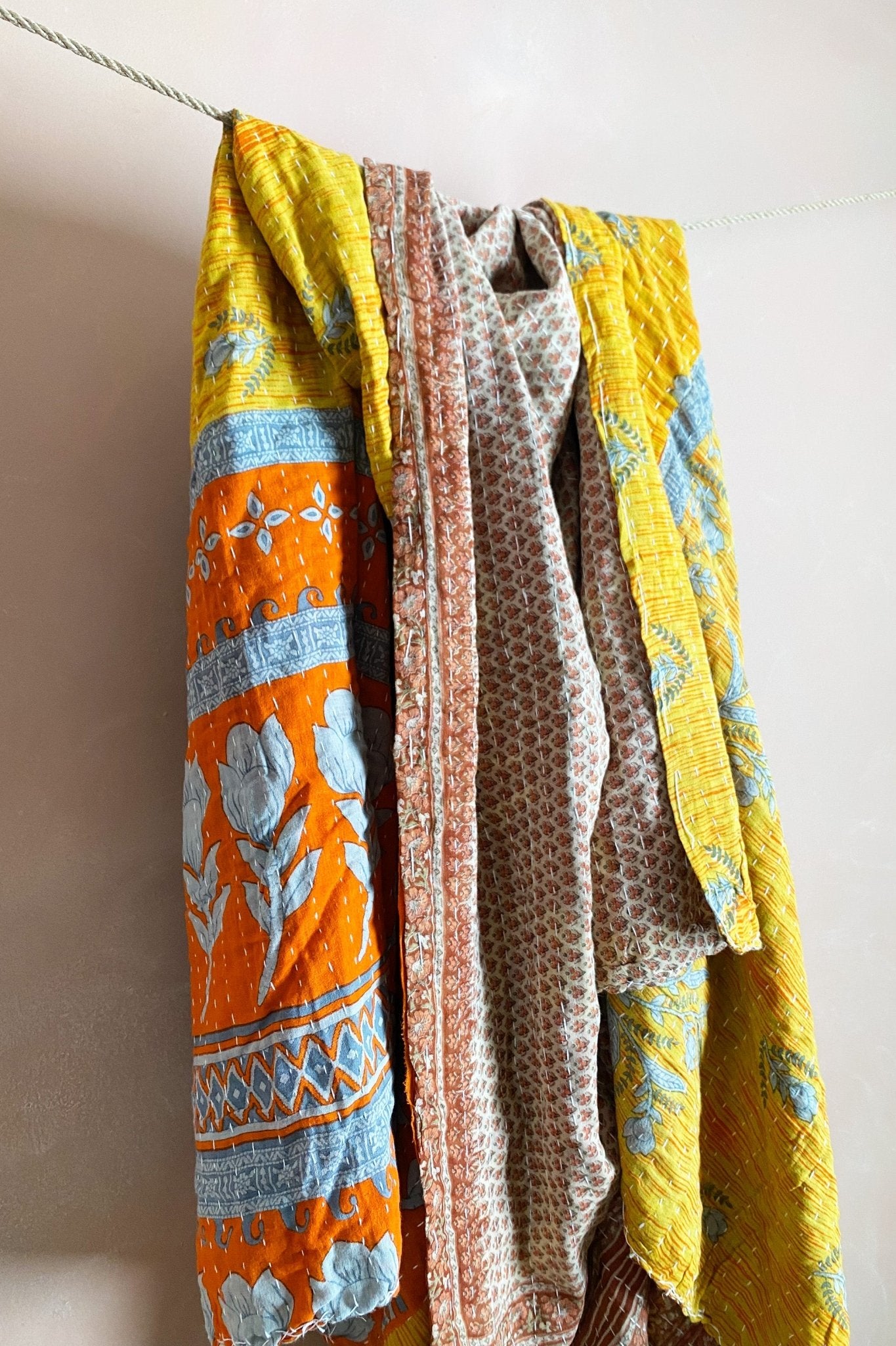 Large Vintage Kantha Quilt In Yellow and Beige - Biggs & Hill