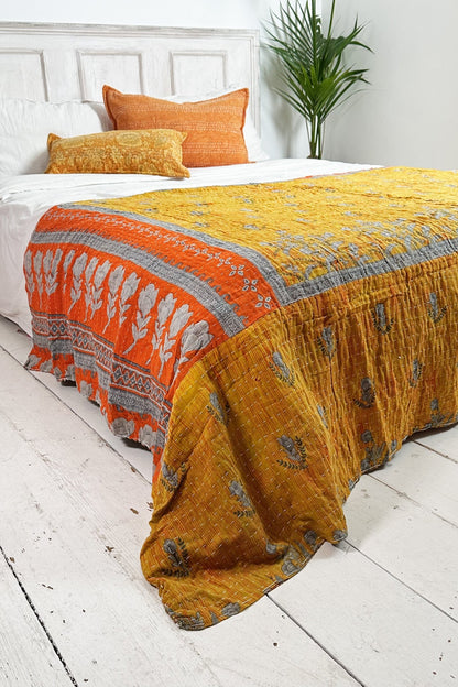 Large Vintage Kantha Quilt In Yellow and Beige - Biggs & Hill