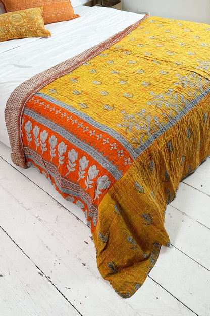 Large Vintage Kantha Quilt In Yellow and Beige - Biggs & Hill