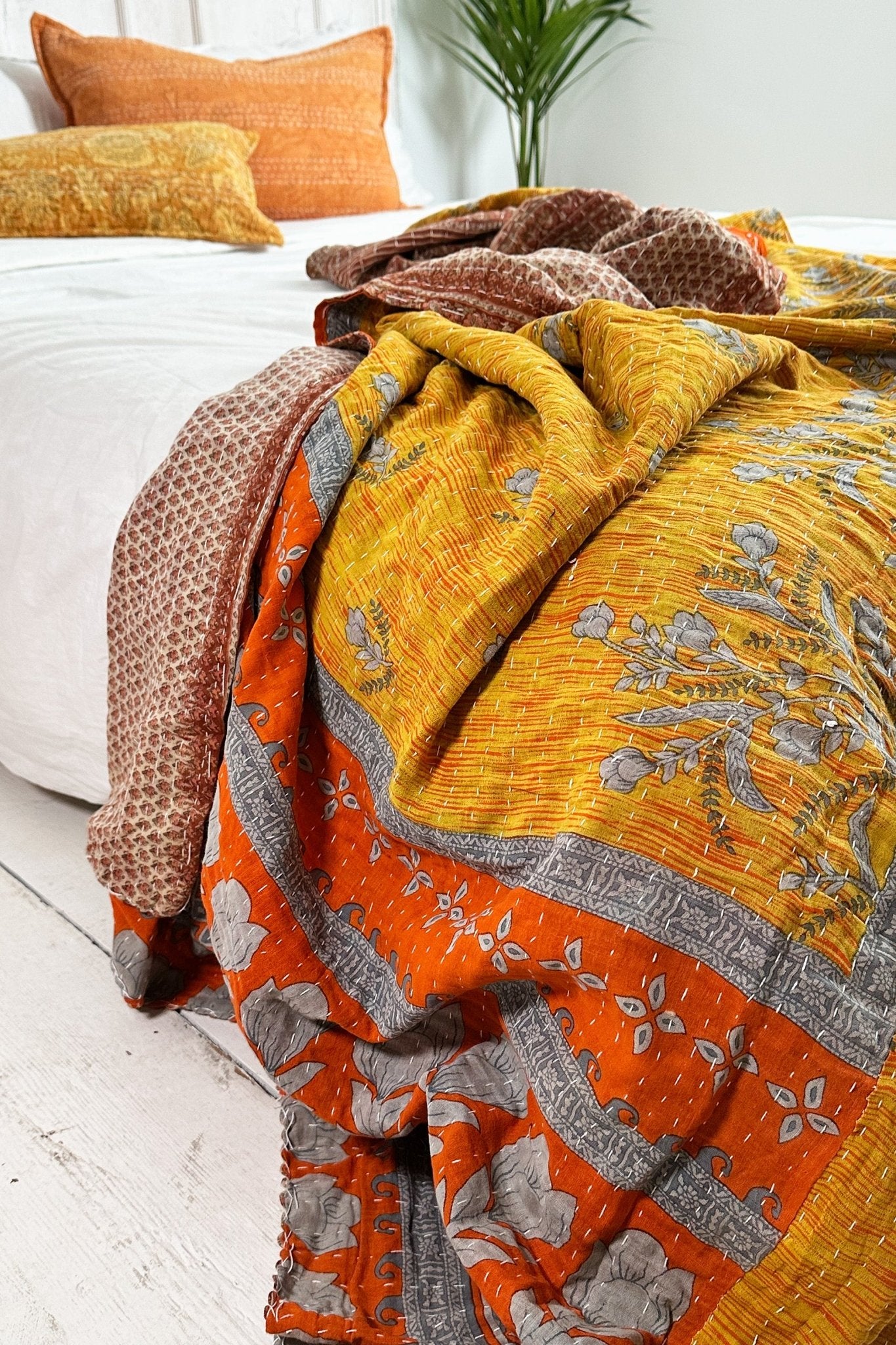 Large Vintage Kantha Quilt In Yellow and Beige - Biggs & Hill