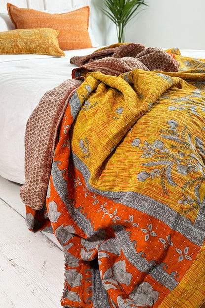 Large Vintage Kantha Quilt In Yellow and Beige - Biggs & Hill