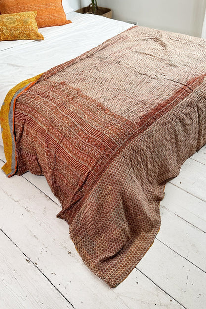 Large Vintage Kantha Quilt In Yellow and Beige - Biggs & Hill