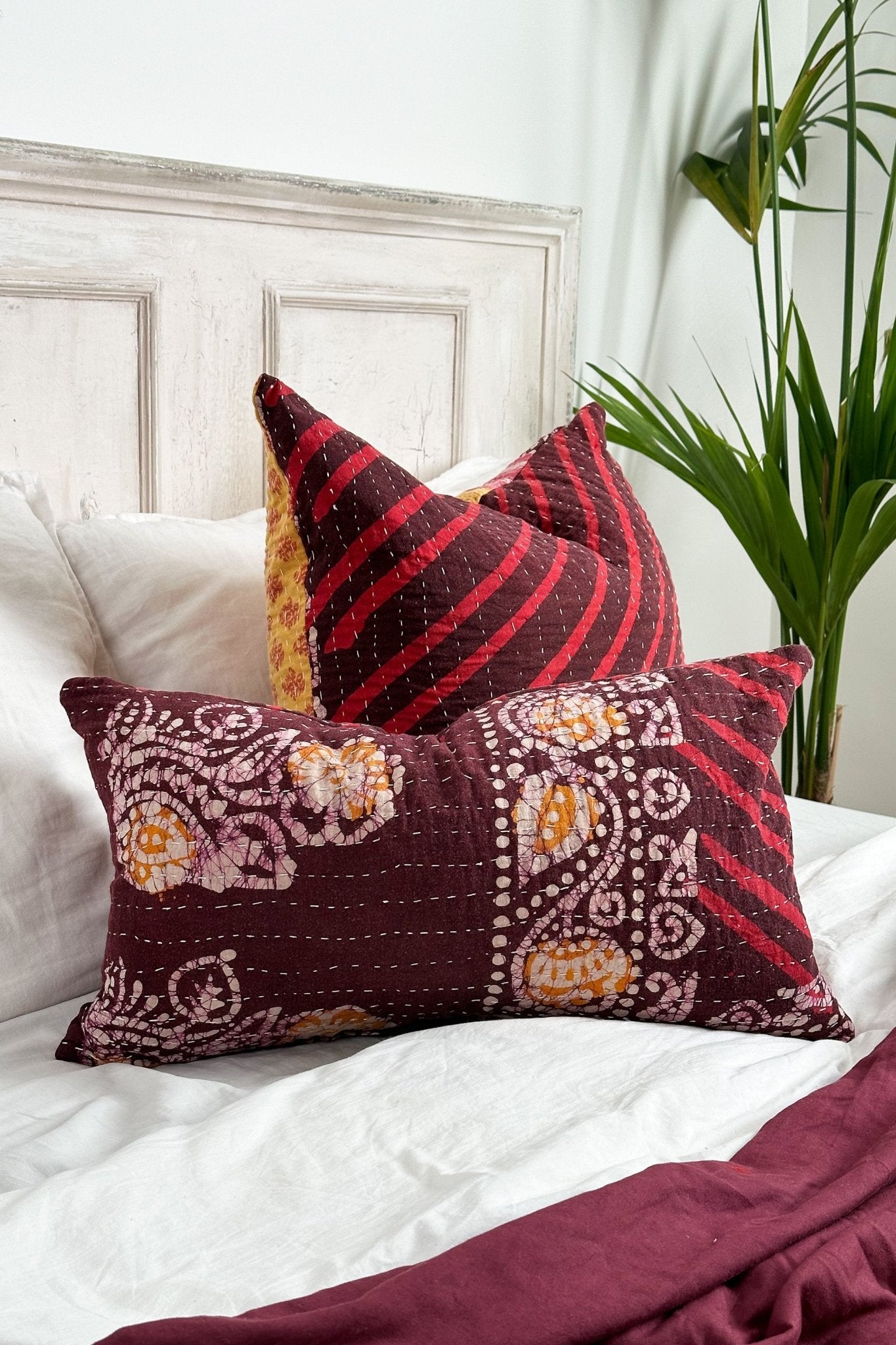 Rectangular Vintage Kantha Cushion In Burgundy and Pink - Biggs & Hill