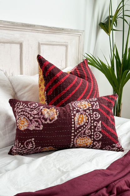 Rectangular Vintage Kantha Cushion In Burgundy and Pink - Biggs & Hill