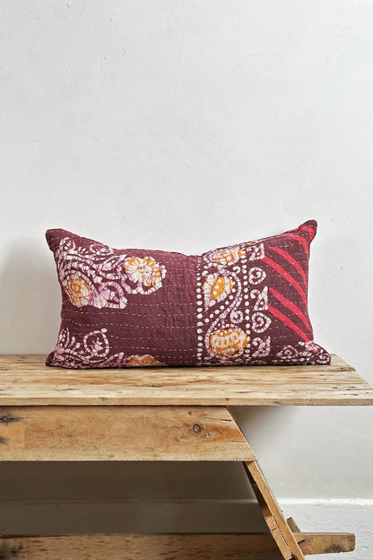 Rectangular Vintage Kantha Cushion In Burgundy and Pink - Biggs & Hill