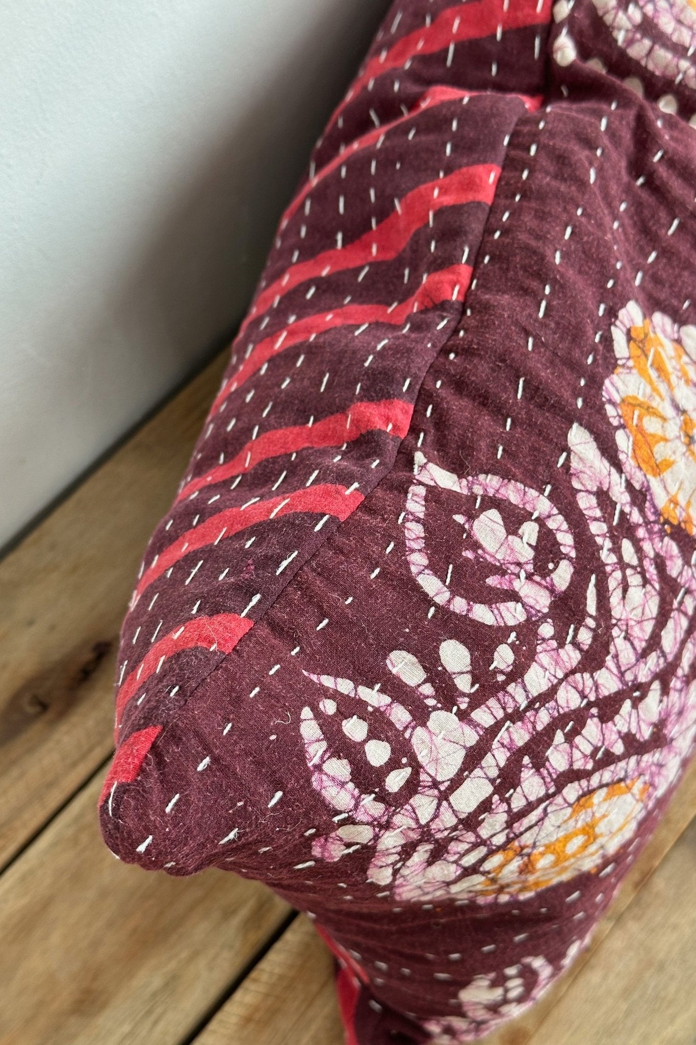 Rectangular Vintage Kantha Cushion In Burgundy and Pink - Biggs & Hill