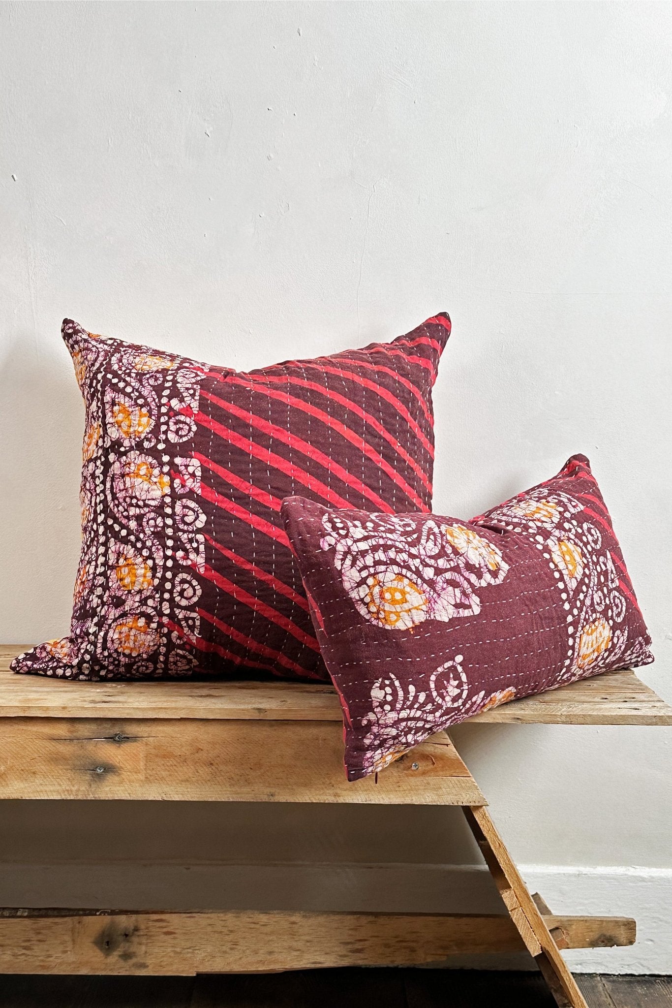 Rectangular Vintage Kantha Cushion In Burgundy and Pink - Biggs & Hill