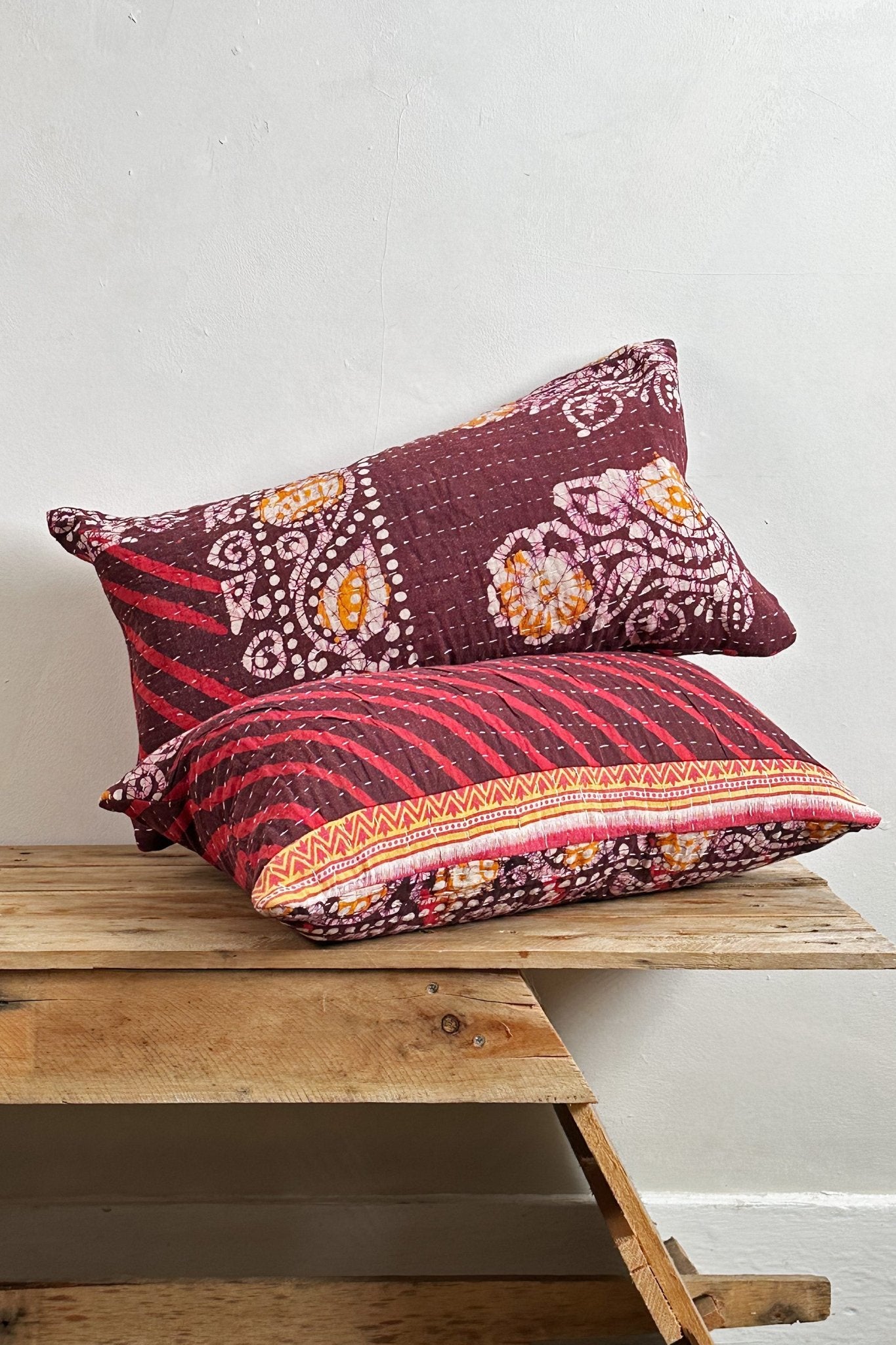 Rectangular Vintage Kantha Cushion In Burgundy and Pink - Biggs & Hill