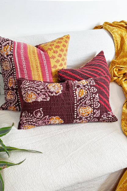 Rectangular Vintage Kantha Cushion In Burgundy and Pink - Biggs & Hill