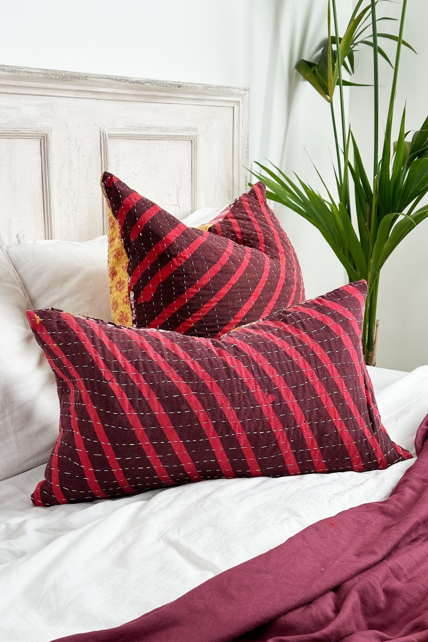 Rectangular Vintage Kantha Cushion In Burgundy and Pink - Biggs & Hill