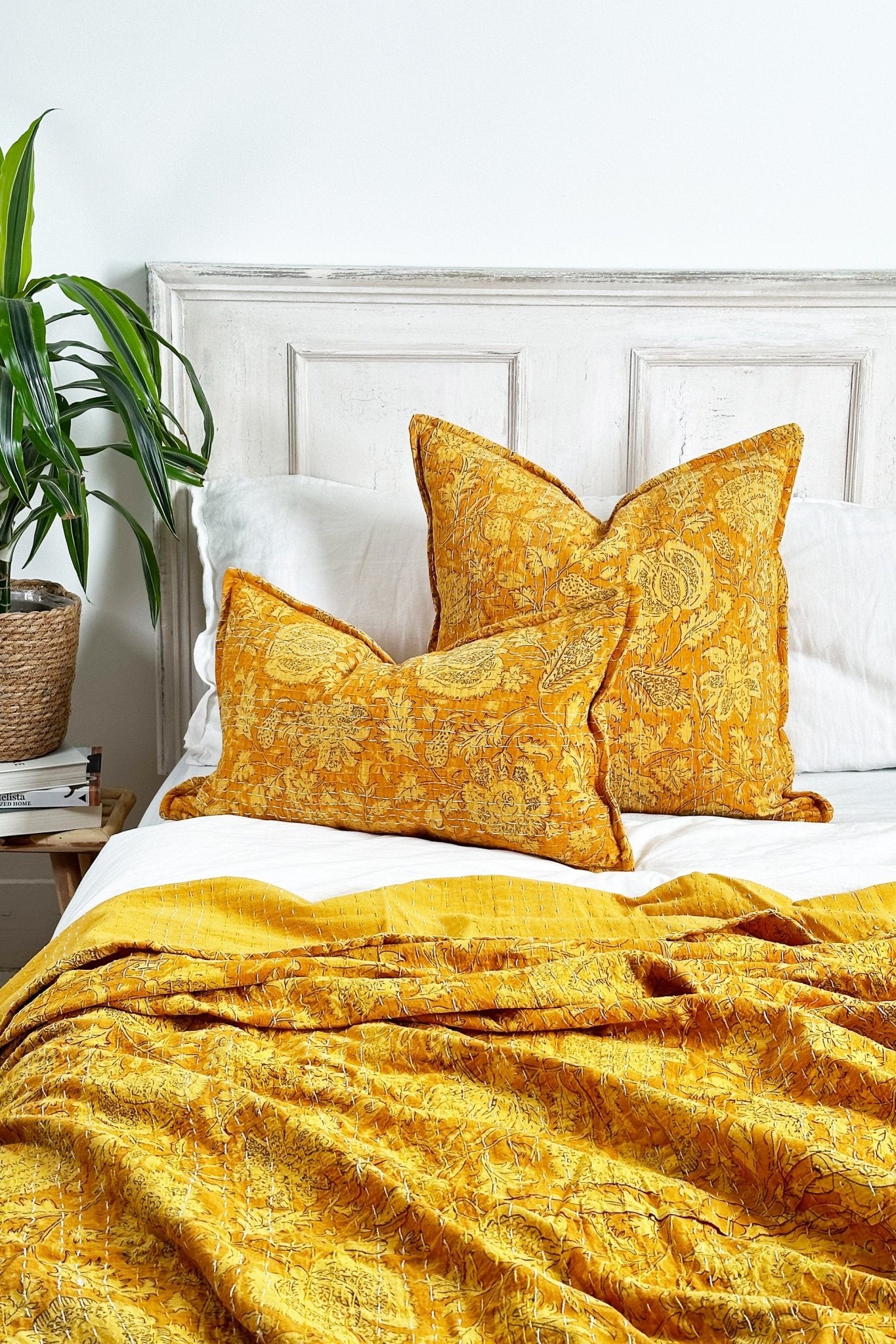 Sunshine Yellow Gold Floral Kantha Quilt Bedspread - Biggs & Hill