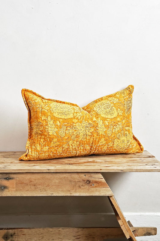 Sunshine Yellow Floral Block Printed Hand Stitched Rectangular Kantha Cushion - Biggs & Hill