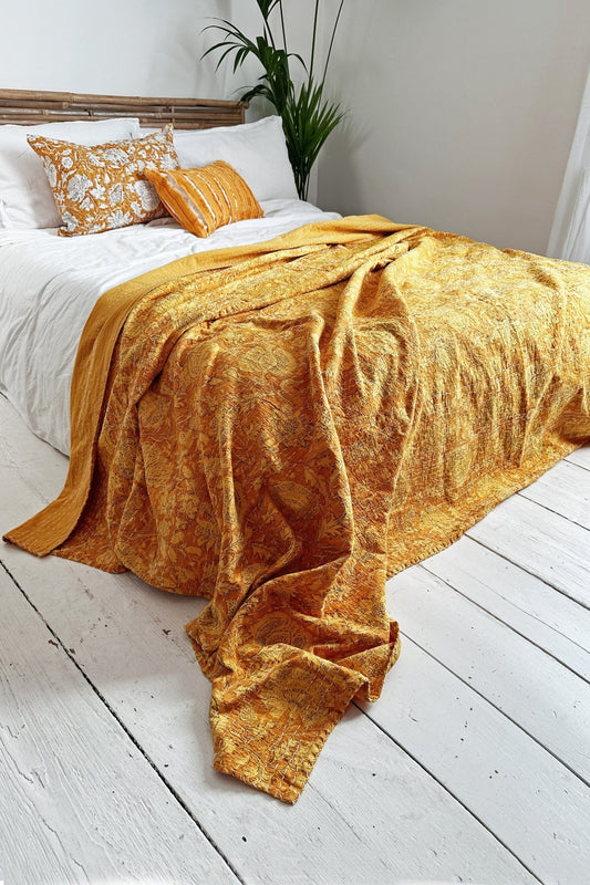 Sunshine Yellow Gold Floral Kantha Quilt Bedspread King Size - Biggs & Hill