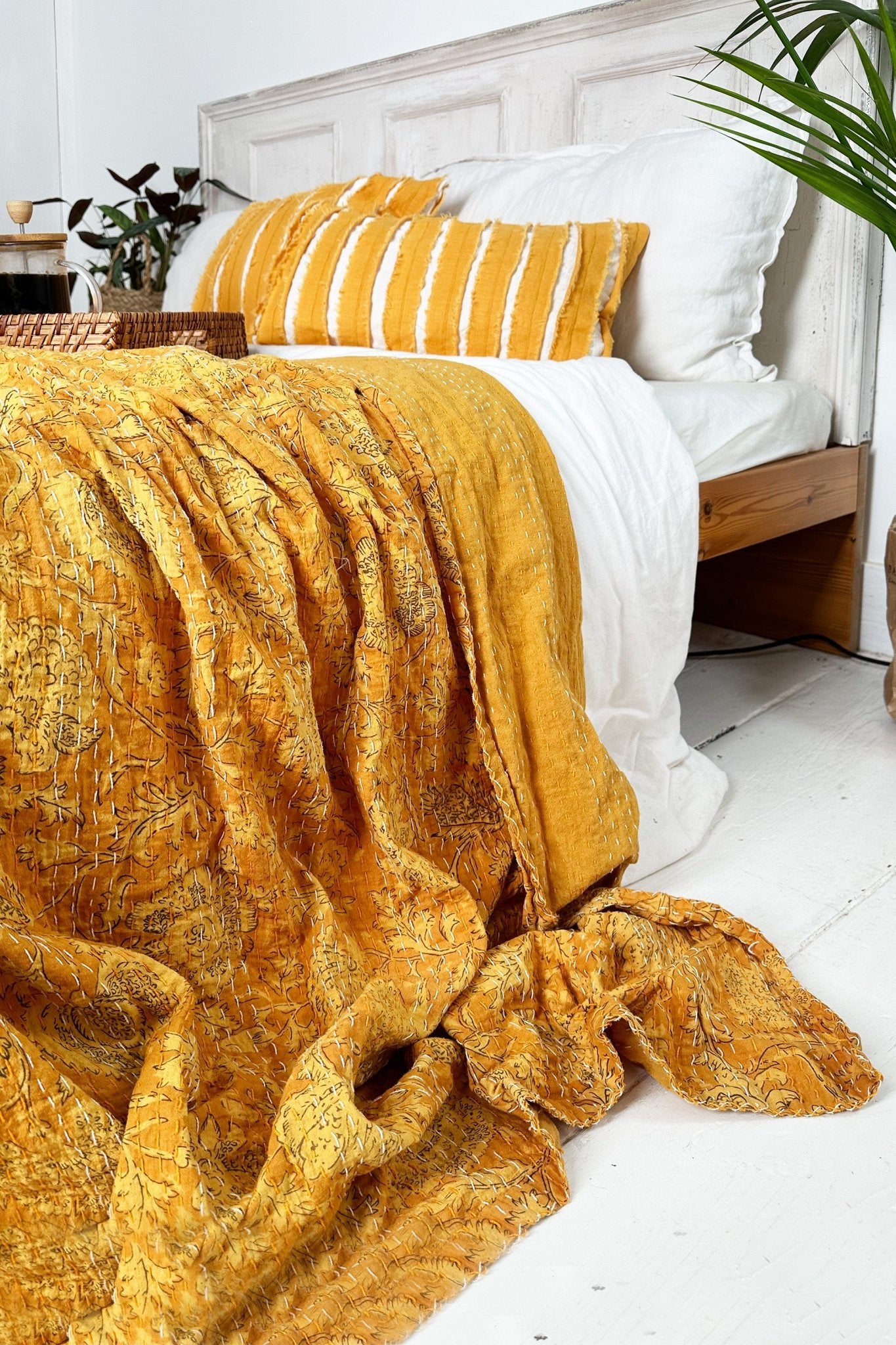 Sunshine Yellow Gold Floral Kantha Quilt Bedspread King Size - Biggs & Hill