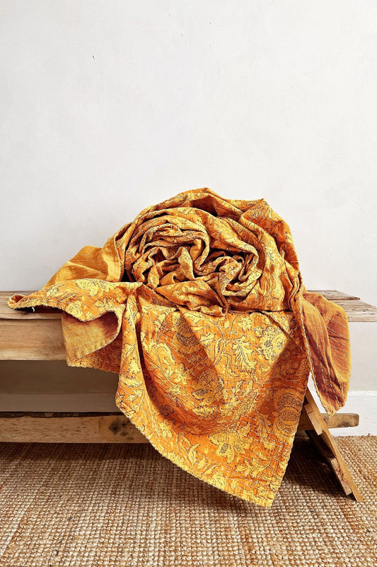 Sunshine Yellow Gold Floral Kantha Quilt Bedspread King Size - Biggs & Hill