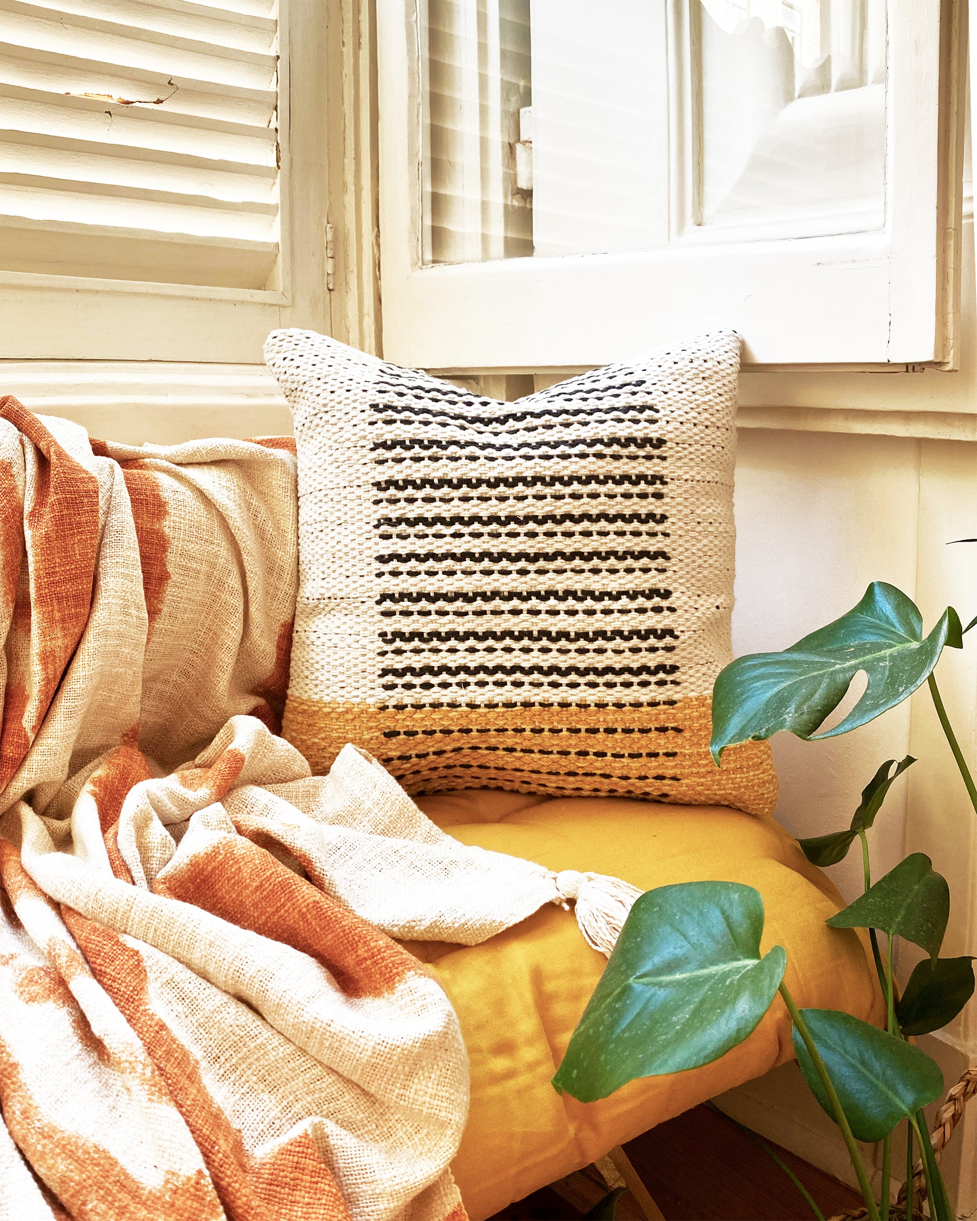 colourful yellow cushion boho style cotton handwoven - biggs and hill