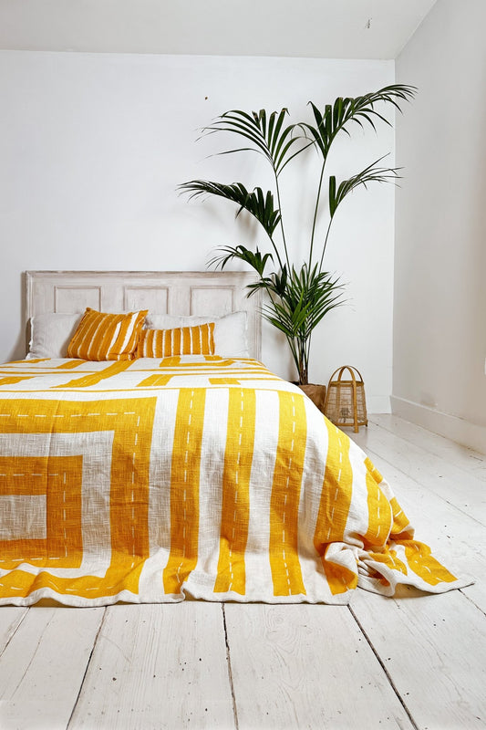 Bright Yellow And White Geometric Cotton Bedspread, King Size - Biggs & Hill - Cotton Bedspread - bed throw - bedding