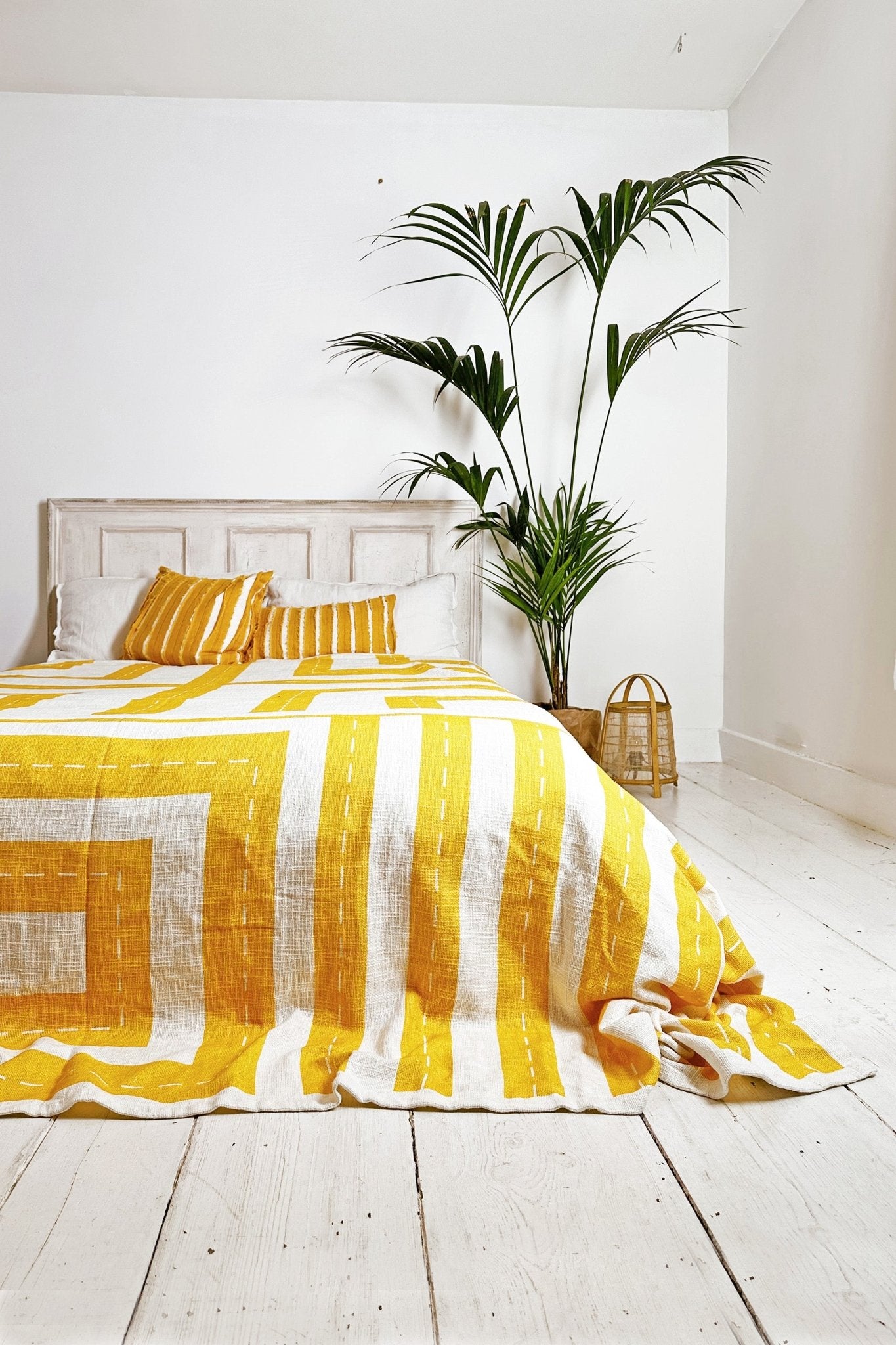 Bright Yellow And White Geometric Cotton Bedspread, King Size - Biggs & Hill