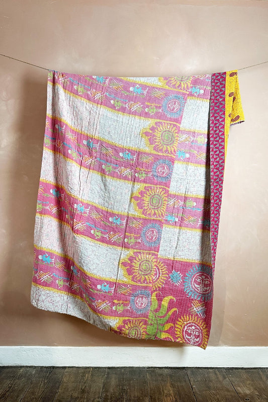 Large Vintage Kantha Quilt In Yellow, Purple And Pink - Biggs & Hill