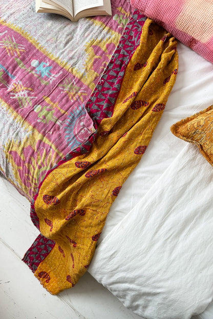 Large Vintage Kantha Quilt In Yellow, Purple And Pink - Biggs & Hill