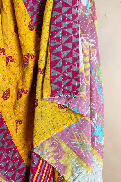 Large Vintage Kantha Quilt In Yellow, Purple And Pink - Biggs & Hill