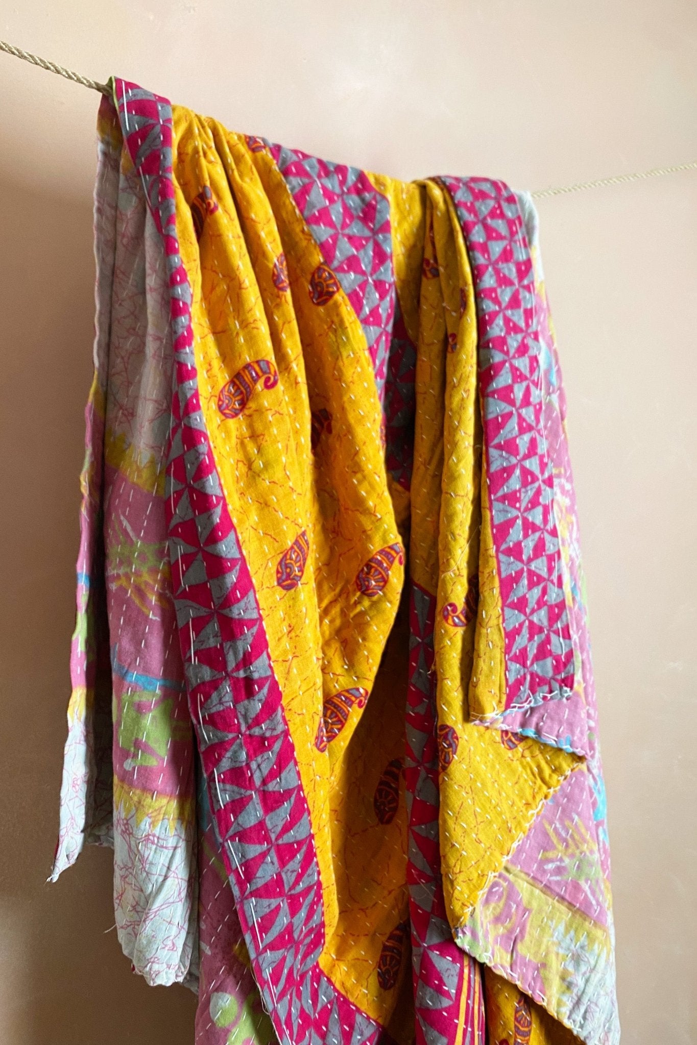 Large Vintage Kantha Quilt In Yellow, Purple And Pink - Biggs & Hill