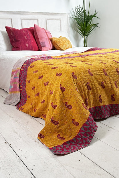 Large Vintage Kantha Quilt In Yellow, Purple And Pink - Biggs & Hill