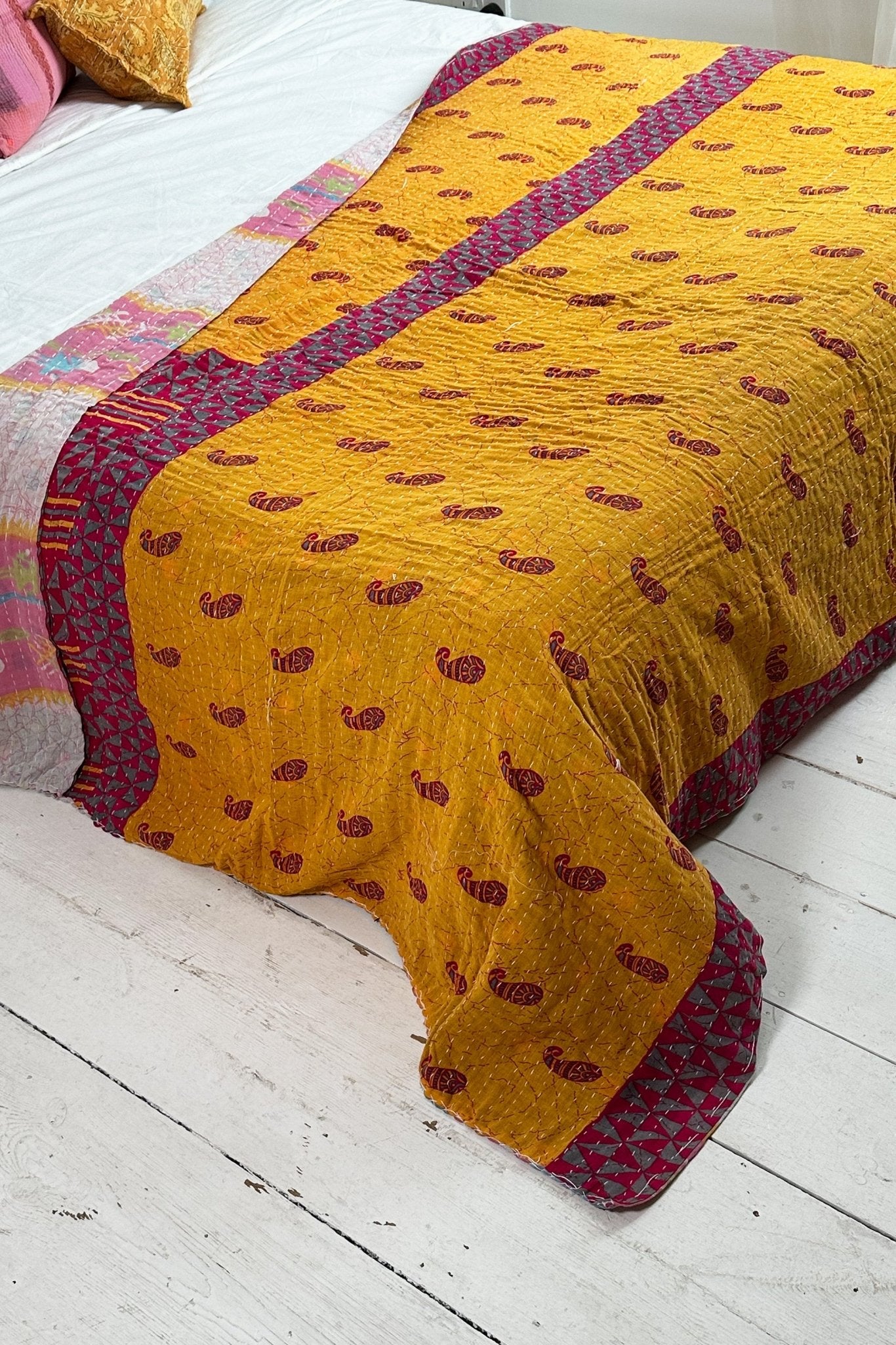 Large Vintage Kantha Quilt In Yellow, Purple And Pink - Biggs & Hill