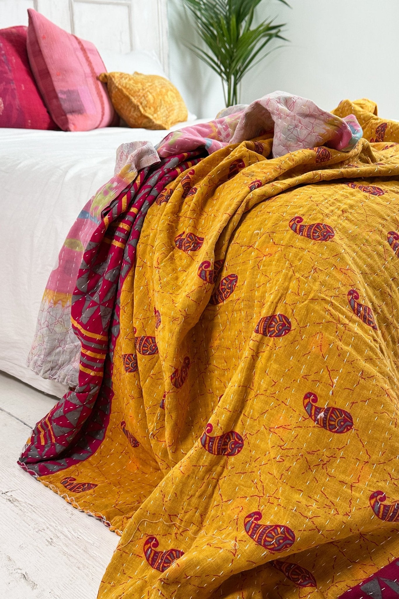 Large Vintage Kantha Quilt In Yellow, Purple And Pink - Biggs & Hill