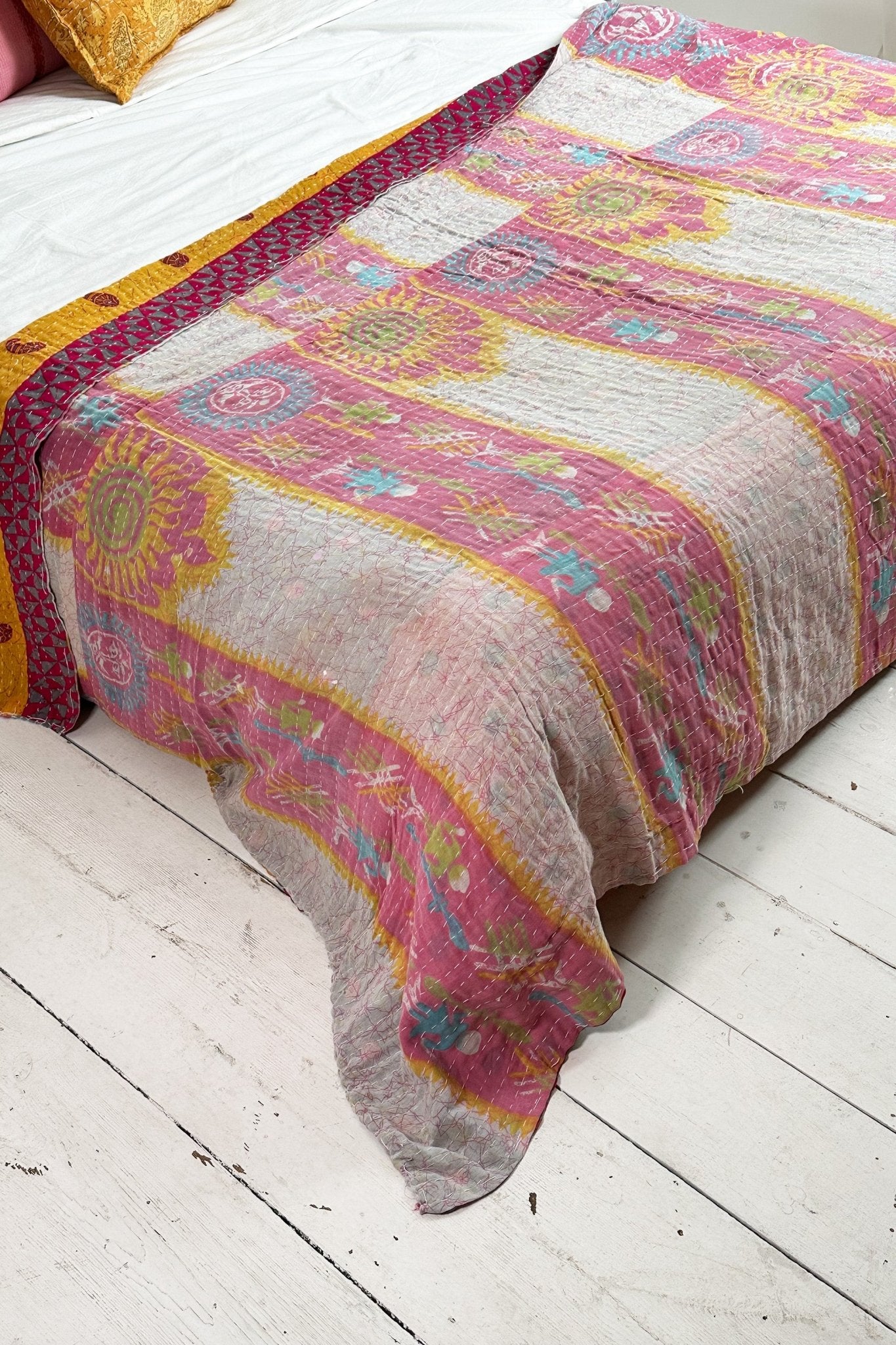 Large Vintage Kantha Quilt In Yellow, Purple And Pink - Biggs & Hill