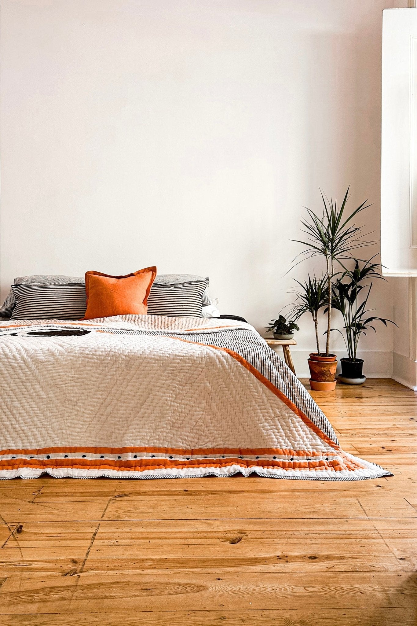 No 1 Block Printed Black, White and Orange Reversible Quilted King Size Bedspread - Biggs & Hill