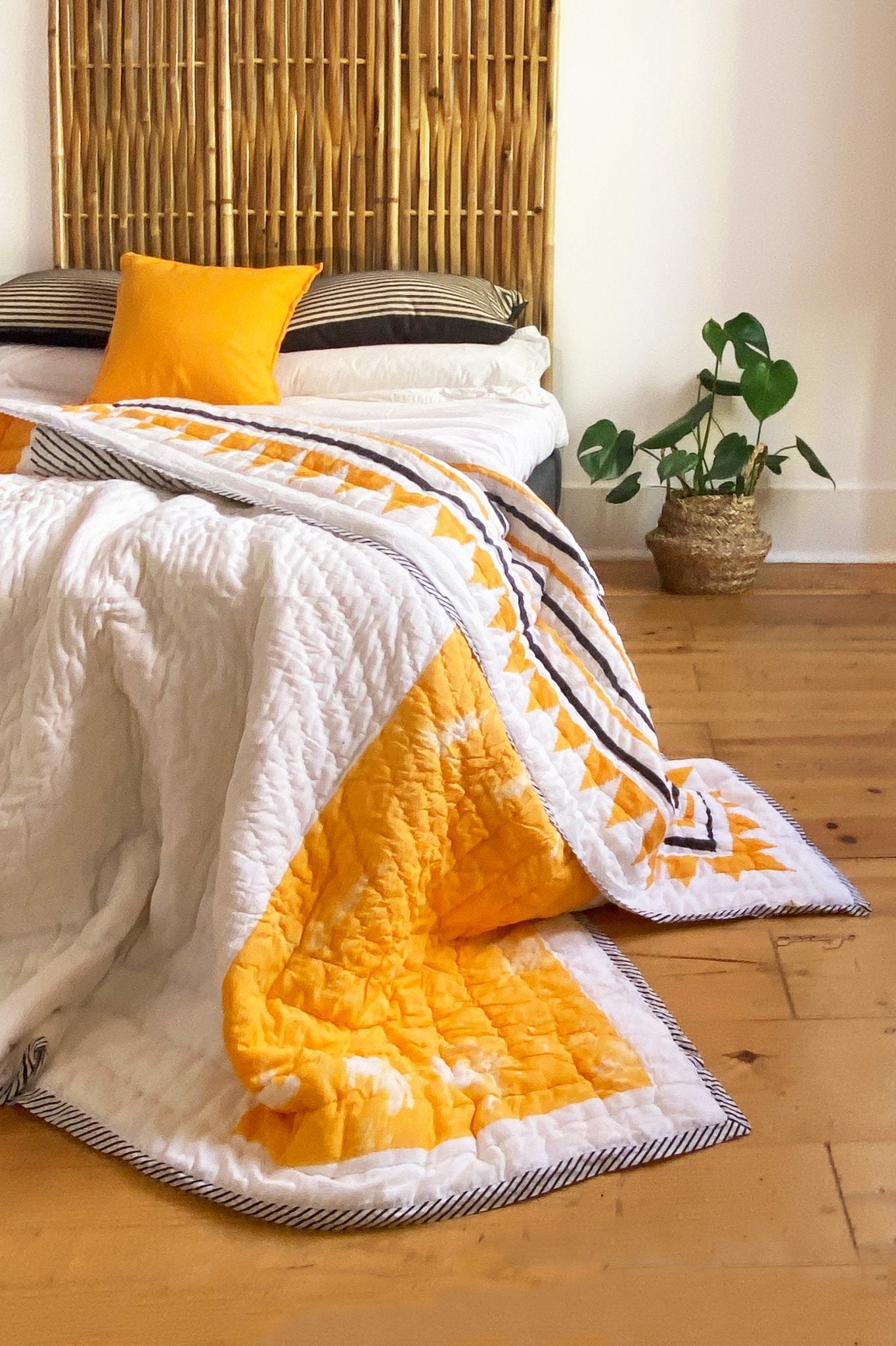 No 2 Block Printed Black, White and Yellow Reversible Quilted Bedspread - Biggs & Hill