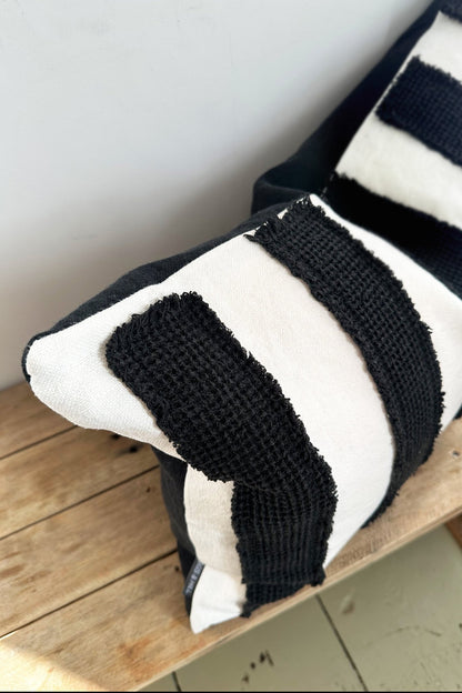 Black and Cream Striped Textured 100% Linen Cushion Cover - Biggs & Hill