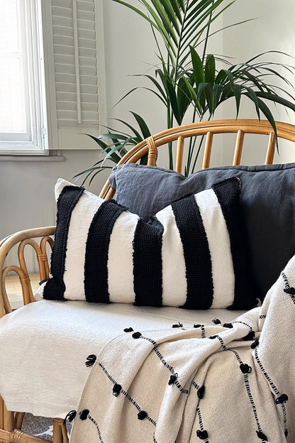 Black and Cream Striped Textured 100% Linen Cushion Cover - Biggs & Hill