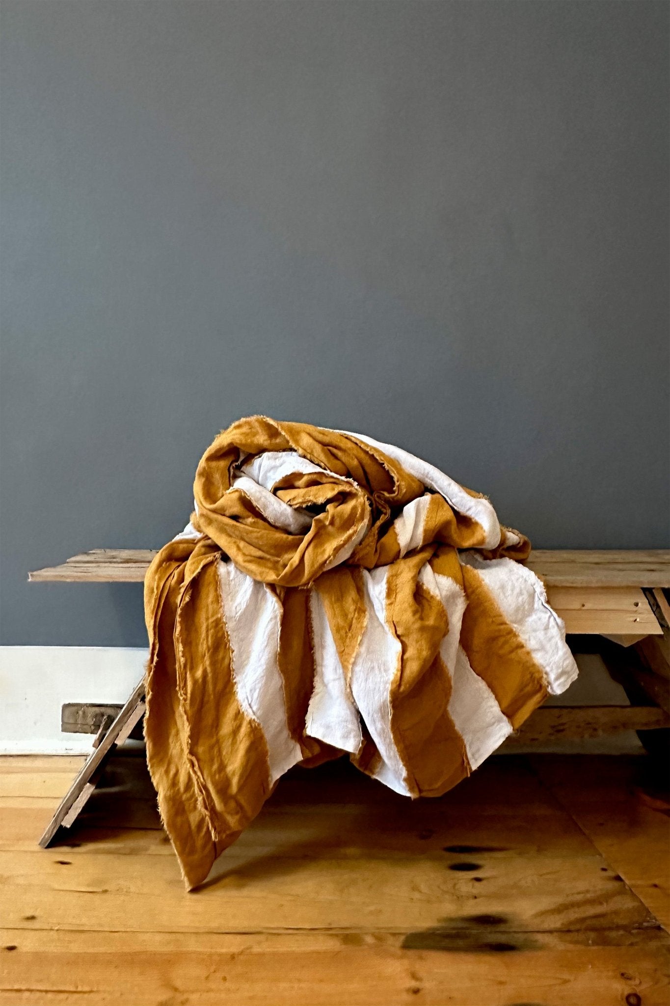 Mustard and White Striped Linen Bedspread