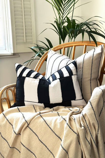 Abstract Tribal Stripes Black and White Linen Cushion Cover - Biggs & Hill